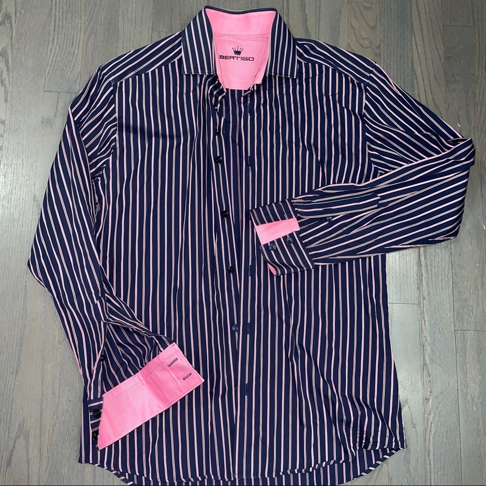 GUSTAVO BUTTON-UP SHIRT // NAVY BLUE + PINK STRIPE